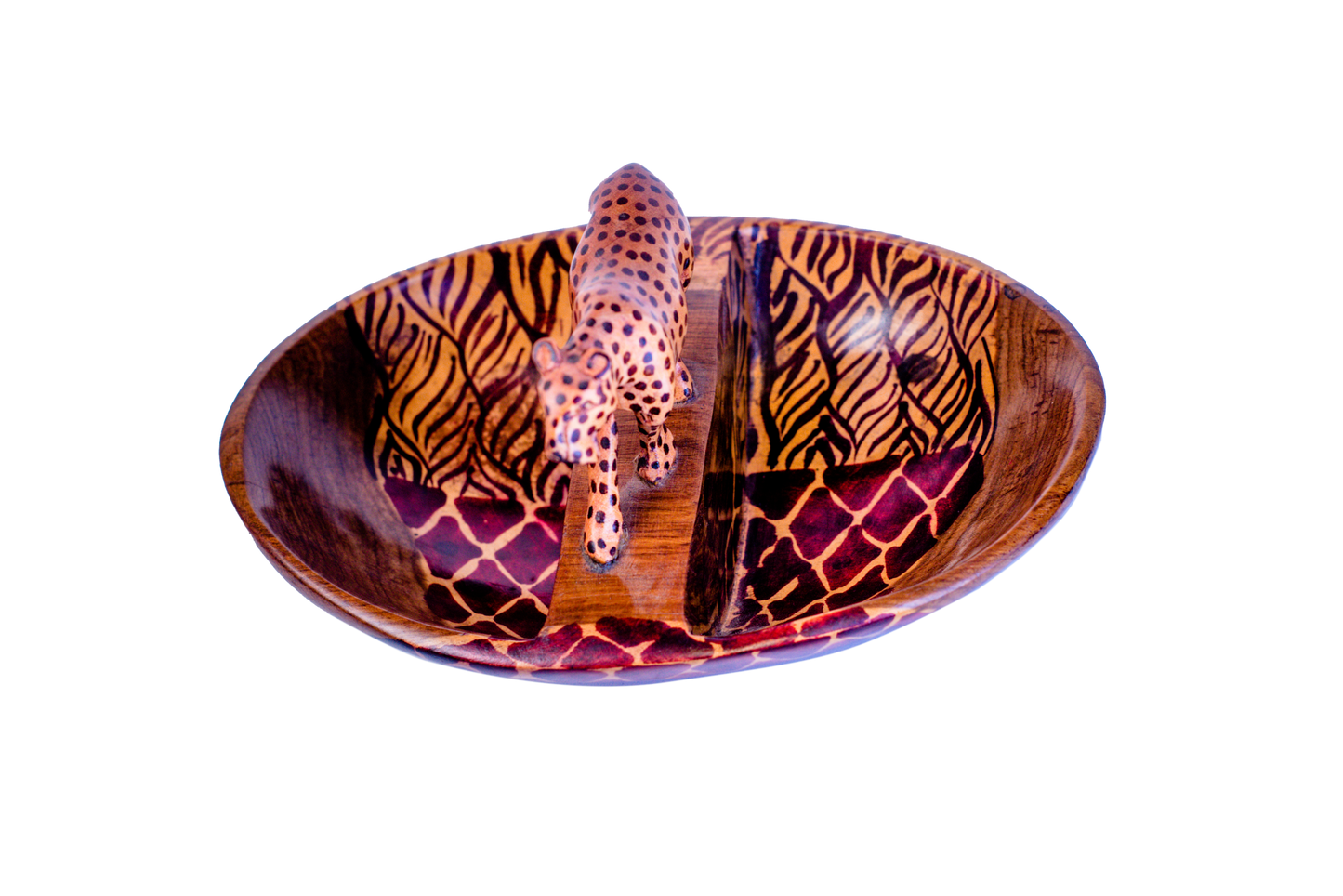 Oval Bowl with Two Compartments & Cheetah Figurine – Dark Brown