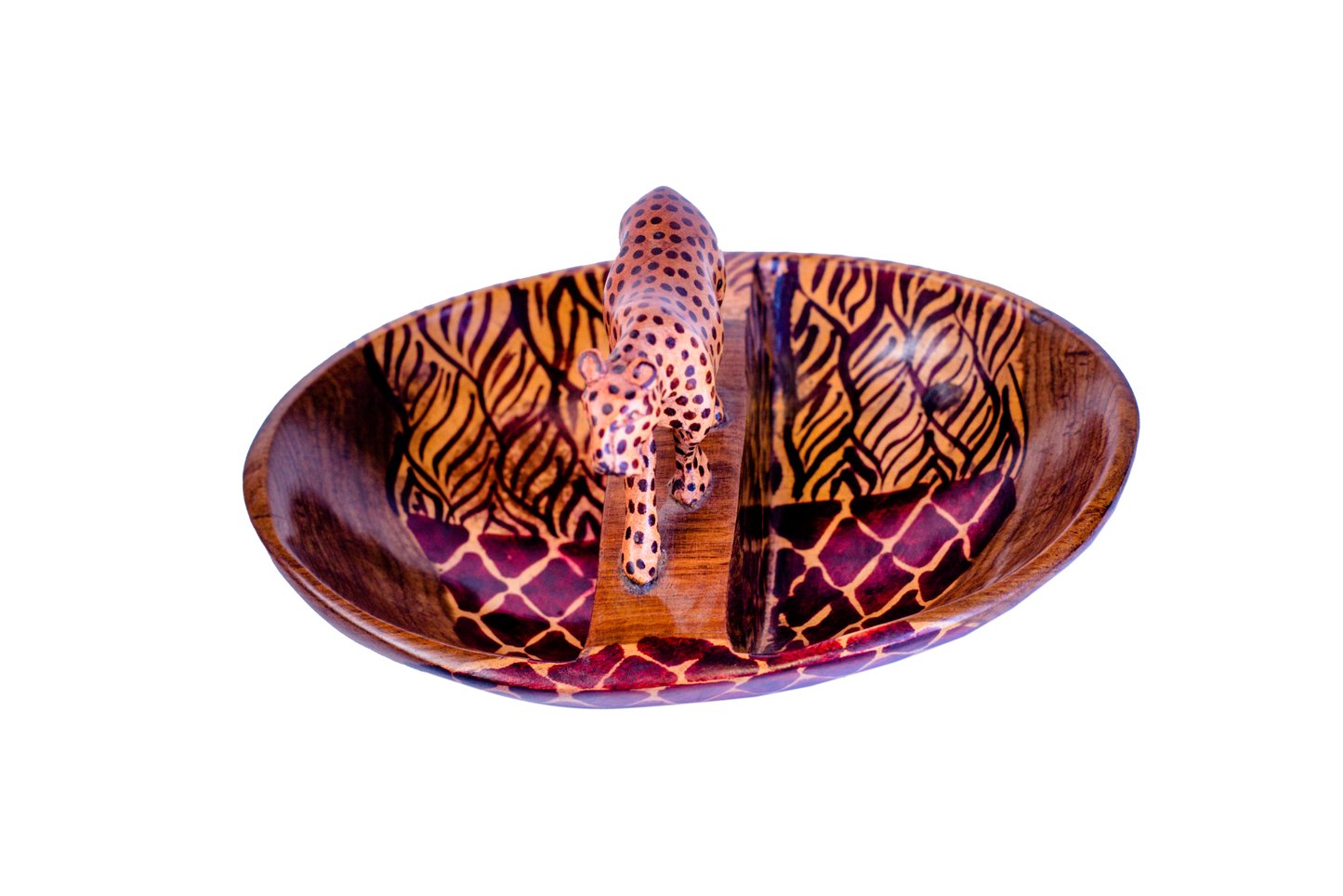 Oval Bowl with Two Compartments & Cheetah Figurine – Dark Brown